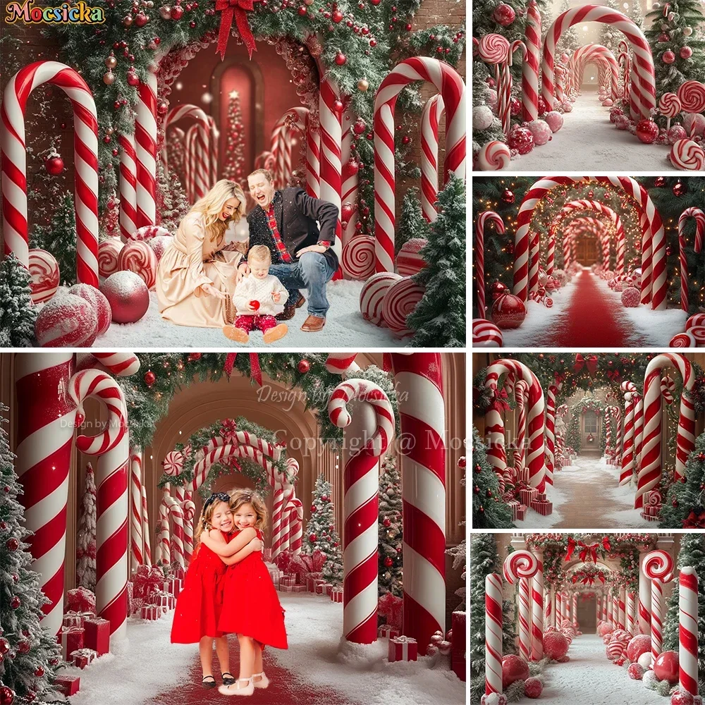 Christmas Candy Cane Arch Door Photography Background for Kid Birthday Xmas Wreath Snowy Wonderland Backdrop Winter Photo Studio