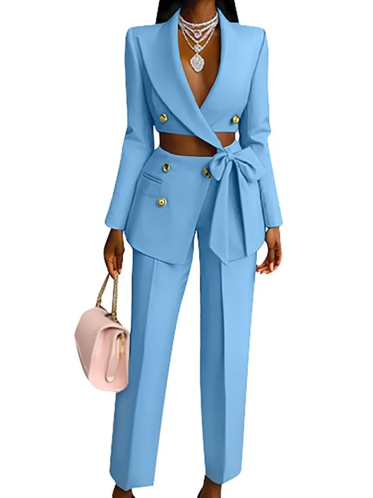 

Spring Casual Fashion Simple Solid Color Trousers Set Women's Commuting Style Lapel Tie Top Wide-leg Trousers Two-piece Set