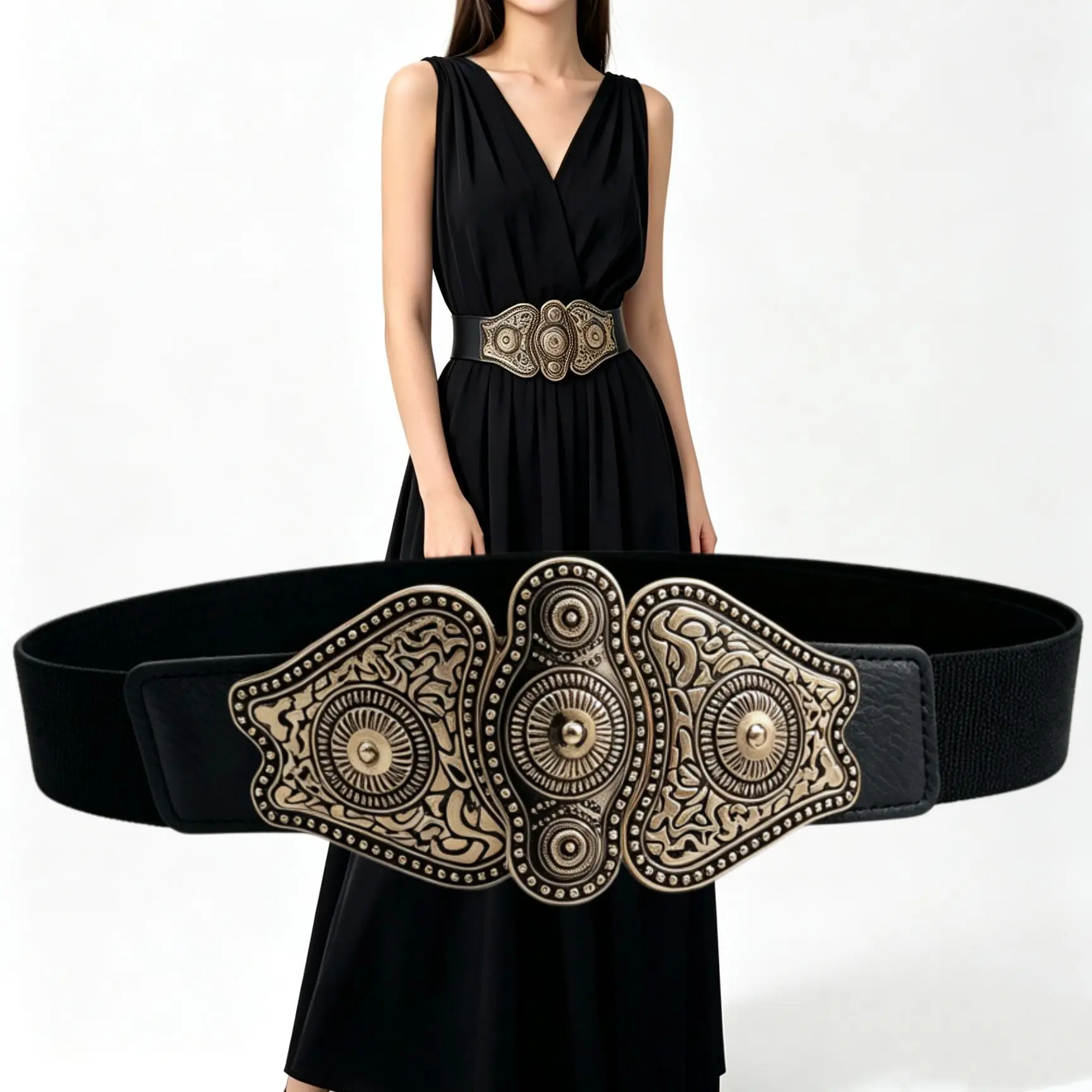 Vintage-style embossed waist cincher featuring an antique bronze-finish totem clasp and ethnic-inspired motifs.