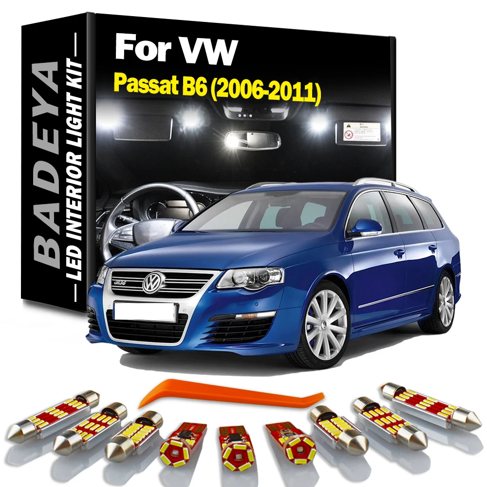 OBNIA 12 sztuk Zestaw oświetlenia wnętrza do czytania mapy i kopuły bagażnika do VW Passat B6 2006 2007 2008 2009 2010 2011 Żarówki LED z osłoną przeciwsłoneczną