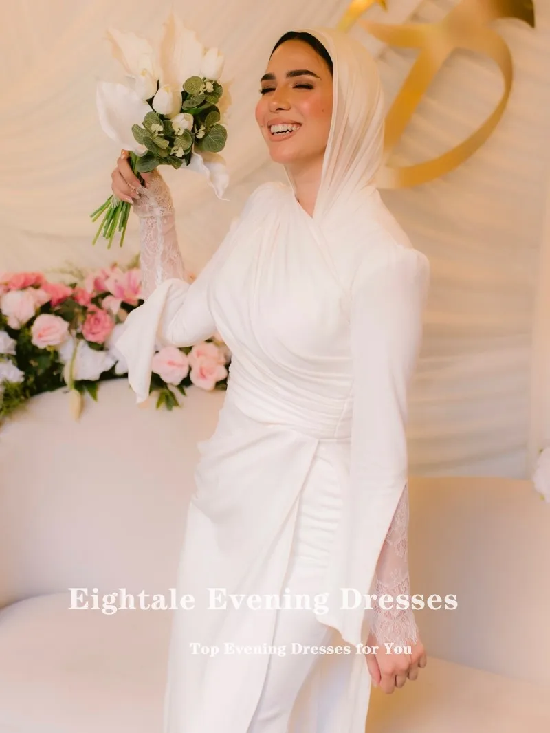Eightale Arabisches Hochzeitskleid mit O-Ausschnitt, individuell gestaltet, weiß, elfenbeinfarben, Perlen, lange Ärmel, muslimisches Brautkleid, Meerjungfrau-Braut-Partykleid