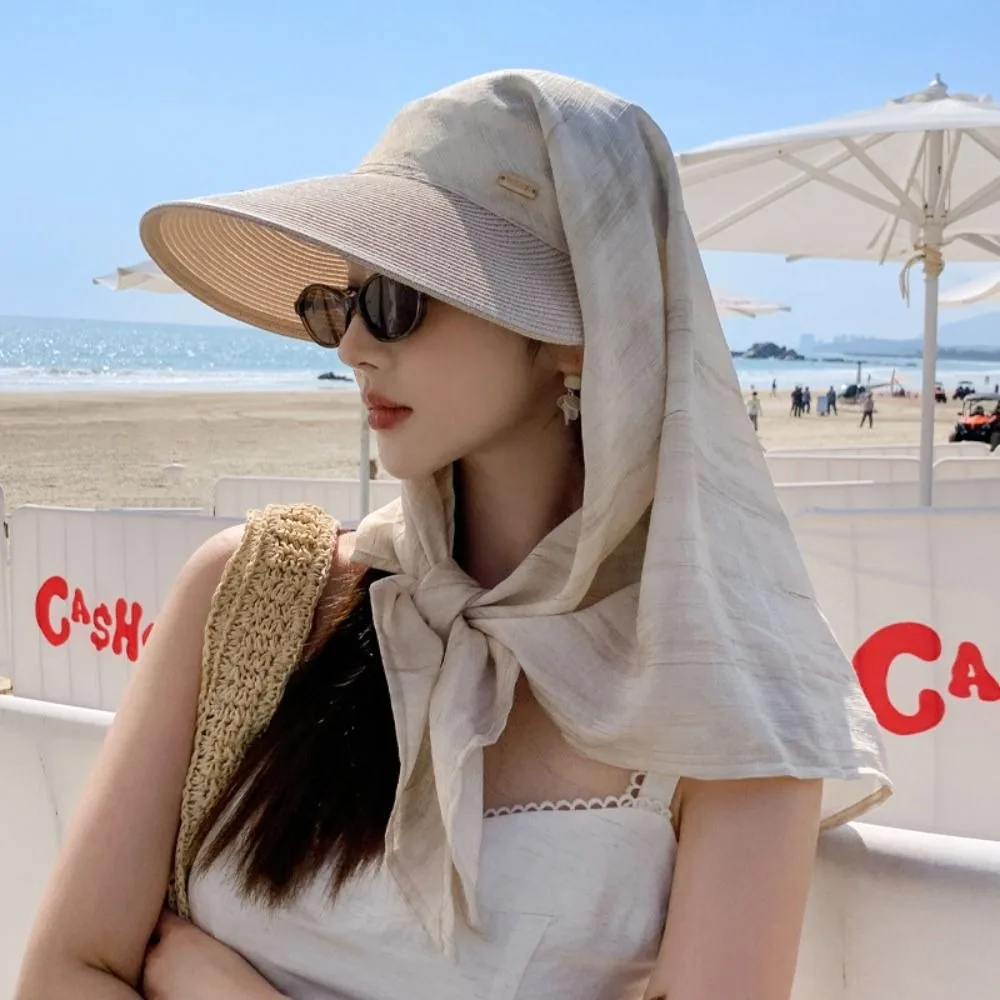 Fashion Korean Style Headscarf Baseball Hat Print Wide Brim Scarf Baseball Cap Neck Guard Sunscreen Strappy Scarf Hat Summer