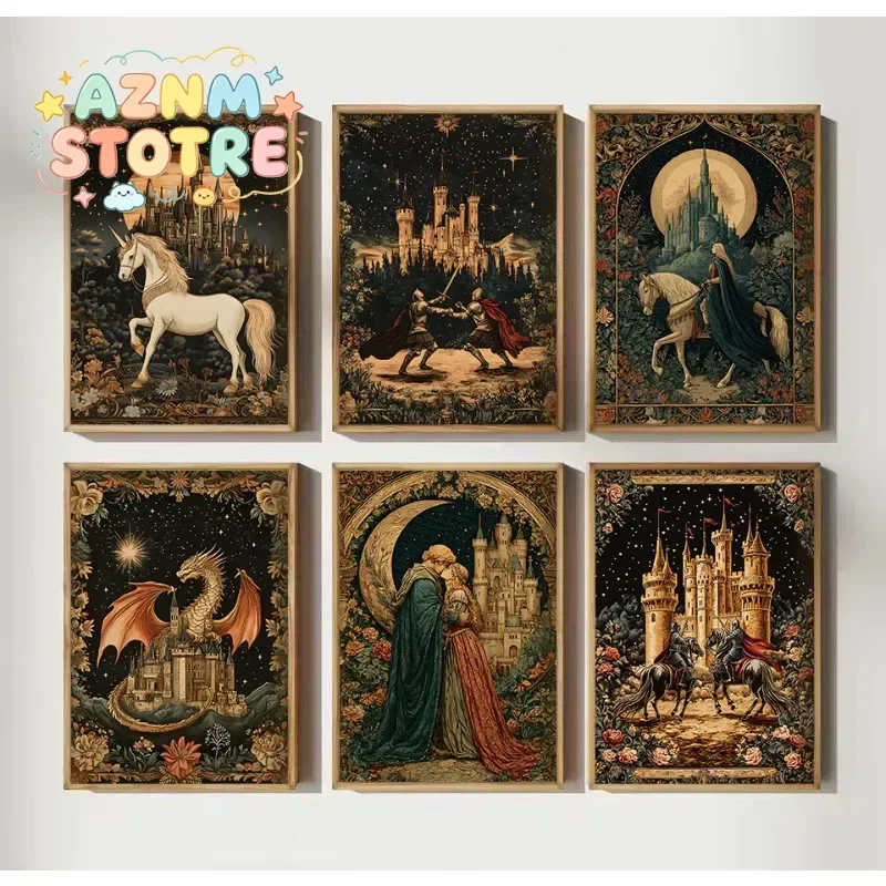 Vintage Renaissance Medieval Knight Epic Sword Fight Fantasy Castle Dragon Poster Canvas Painting Wall Art Pictures Home Deco