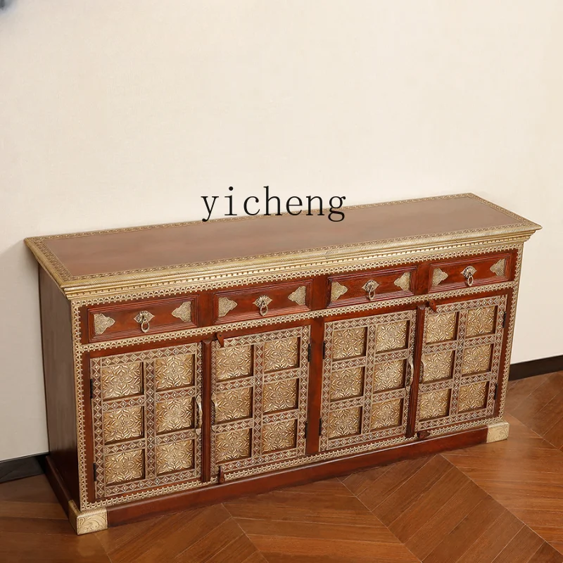 ZC Copper Bag Wooden Locker Retro New Chinese Living Room Home Cabinet Entrance Cabinet Four Door Chest of Drawer