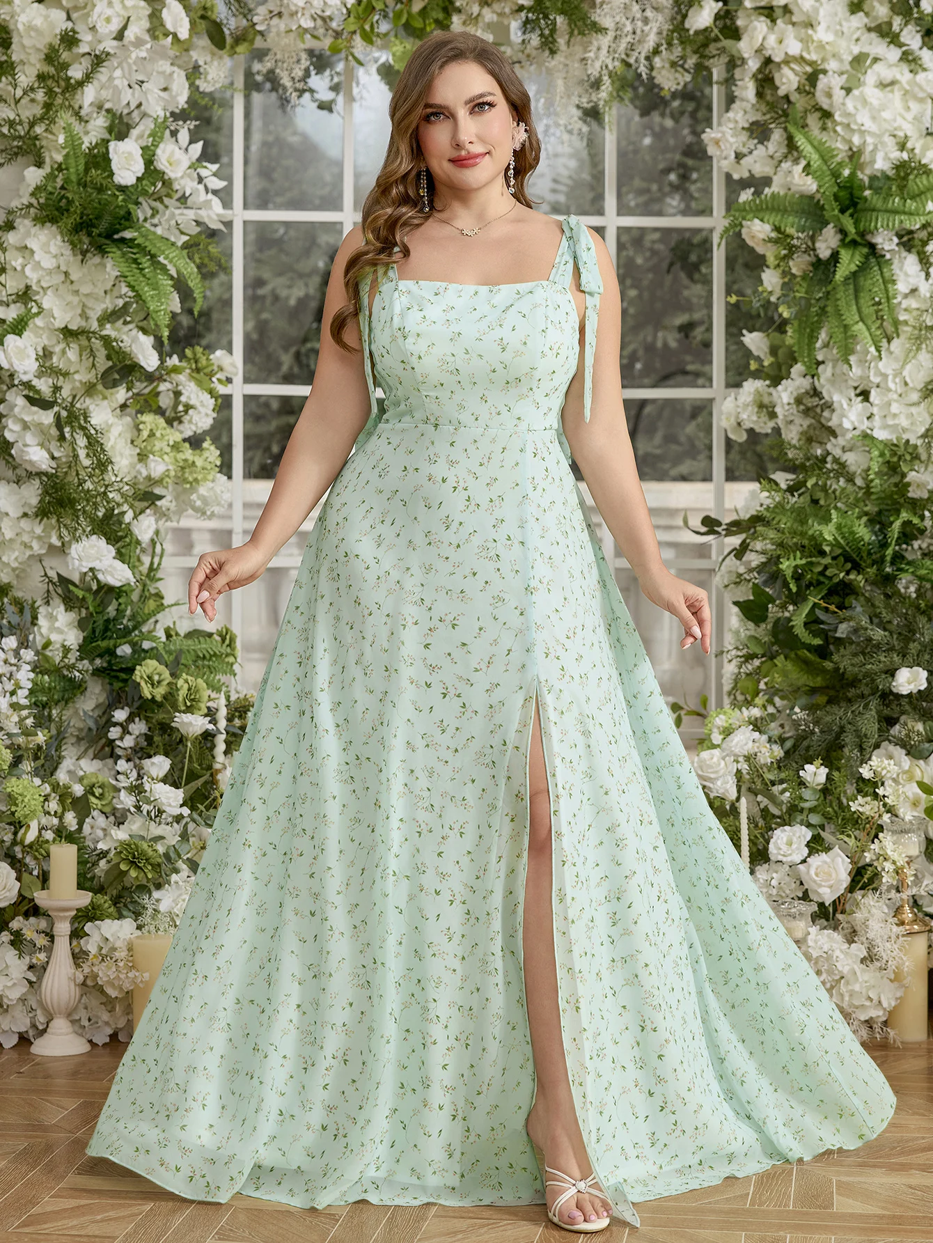 

UNITHORSE Elegant spaghetti strap floral print chiffon evening gown dress with high slit for plus size women