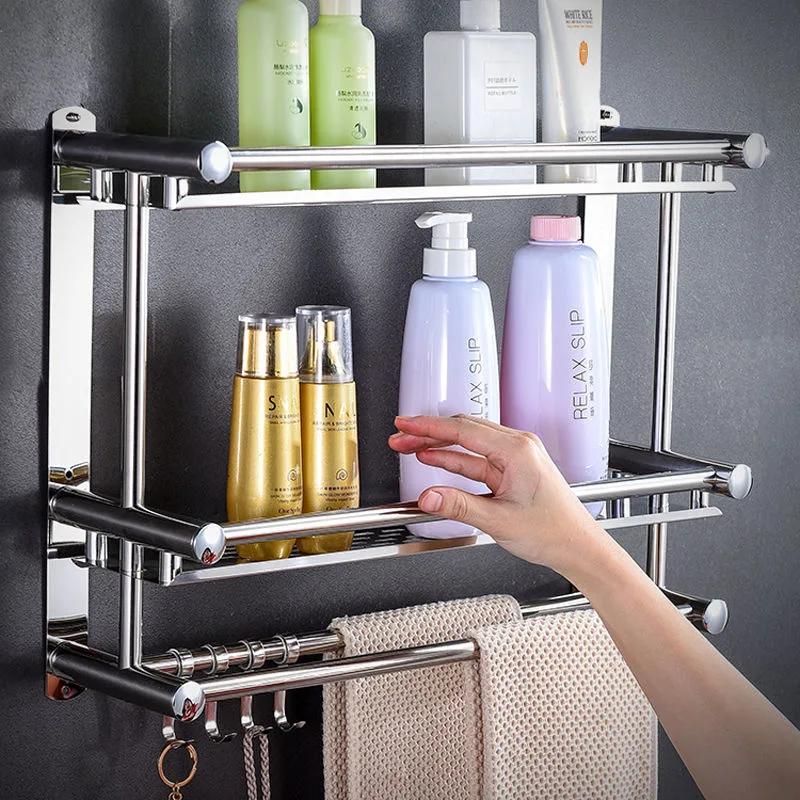 

Bathroom Towel Shelf Punch-free Folding Towel Rack Shelves Movable Aluminum Bath Shower Storage Organizer Shampoo Holder Basket