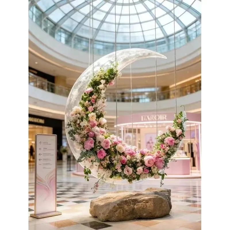 Crescent Wedding Arch with Artificial Flowers Red Pink White Floral Decor for Outdoor Ceremony Backdrop