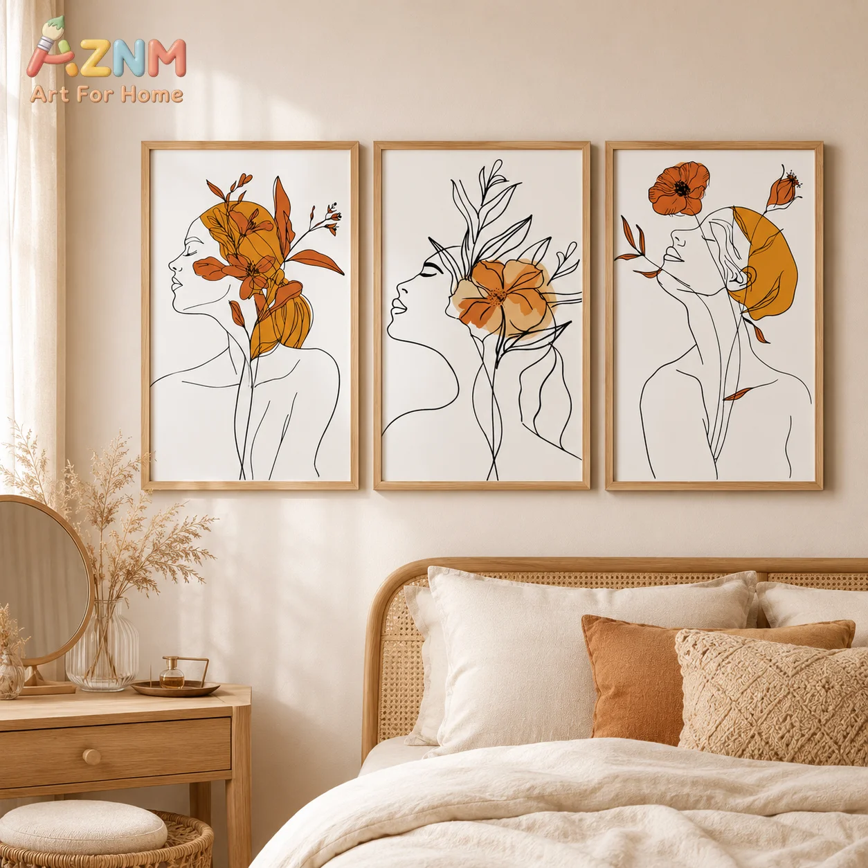 AZNM Unframed Canvas Print Minimalist Woman Line Art Wall Art Orange Floral Abstract Home Decor Poster