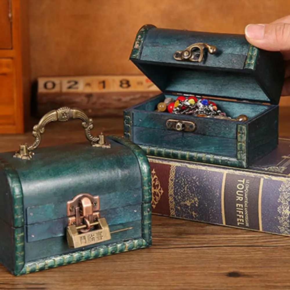

Suitcase Wooden Antique Storage Box Portable Retro Vintage Jewelry Organizer Multifunction High-capacity Treasure Decorative Box