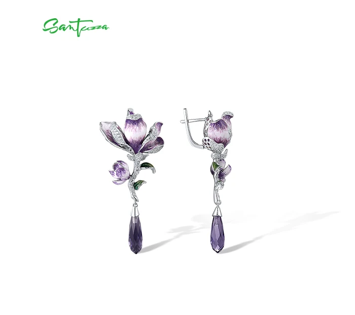 SANTUZZA Real 925 Sterling Silver Drop Earrings For Women White Cubic Zirconia Purple Gradient Enamel Flower Chic Fine Jewelry