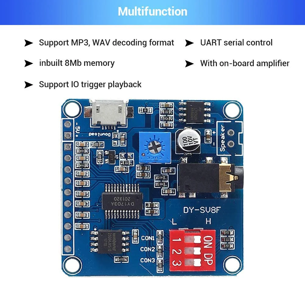 Voice Sound Playback Module Arduino MP3 Player Module UART I/O Trigger Class D Amplifier Board 5W 8M Storage DY-SV8F SD/TF Card