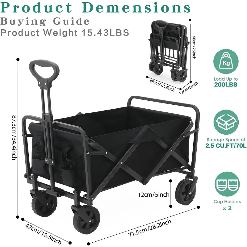 Collapsible Folding Wagon Cart, Beach Wagon Cart, Heavy Duty with Universal Wheels & Adjustable Handle, with 200lbs Weight