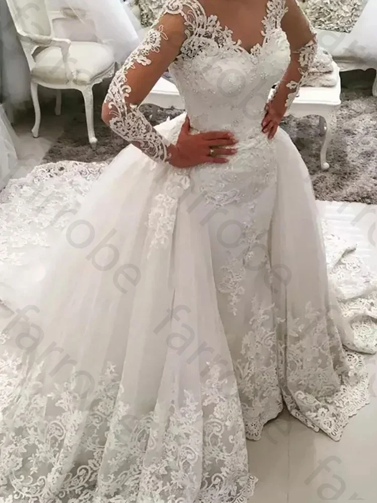 Vestido De novia desmontable personalizado para Mujer árabe elegante sirena Apliques De encaje vestido De novia bata De manga larga Vestidos De Mujer