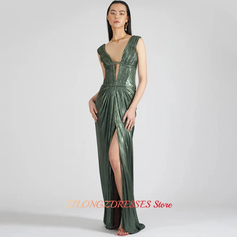 Sexy V-Neck Sleeveless Prom Dresses Customized Green Satin Evening Dress Modern Open Back High Split Special Occasion Gowns image 3