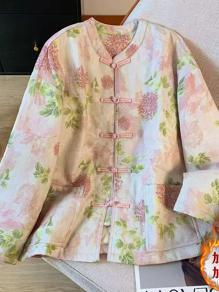 

Retro Chinese Sle Women's Pink Floral Print Cotton Jaet Warm Thiened Winter Coat Button up Stand Collar Long Sve