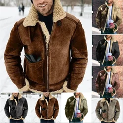Men Autumn Winter Coat Jacket Faux Leather Solid Color Long Sleeve Turndown Collar Pocket Zipper Warm Comfortable Casual Regular