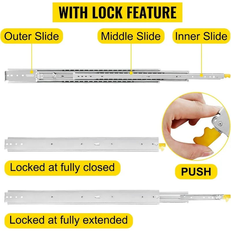 Drawer Slides with Lock, 1 Pair, Industrial Drawer Slides Up To 500 Lbs Capacity, 3-Fold Full Extension, Ball Bearing