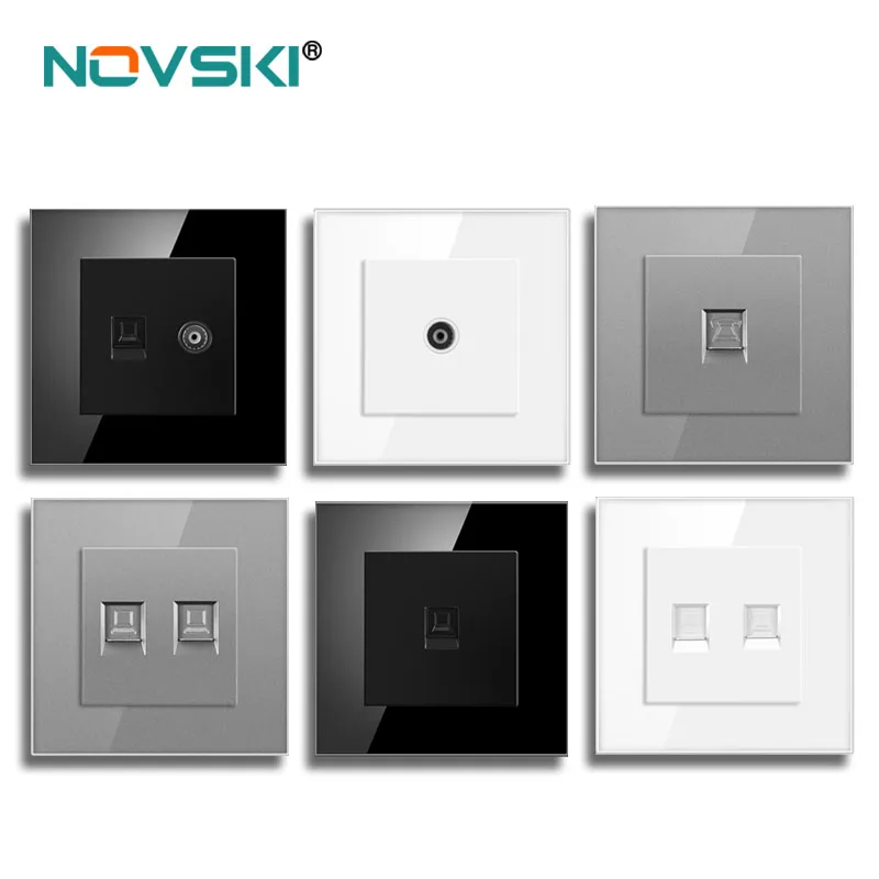 Novski Crystal Glass Panel Wall Socket with CAT6 RJ45 Internet Computer Data Socket TV Tel Weak Current Socket