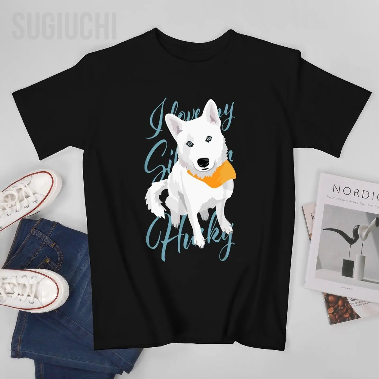 Unisex Men I Love My Siberian Husky White Snow Dog with Blue Eyes Tshirt Tees T Shirts Women Boys 100% Cotton T-Shirt