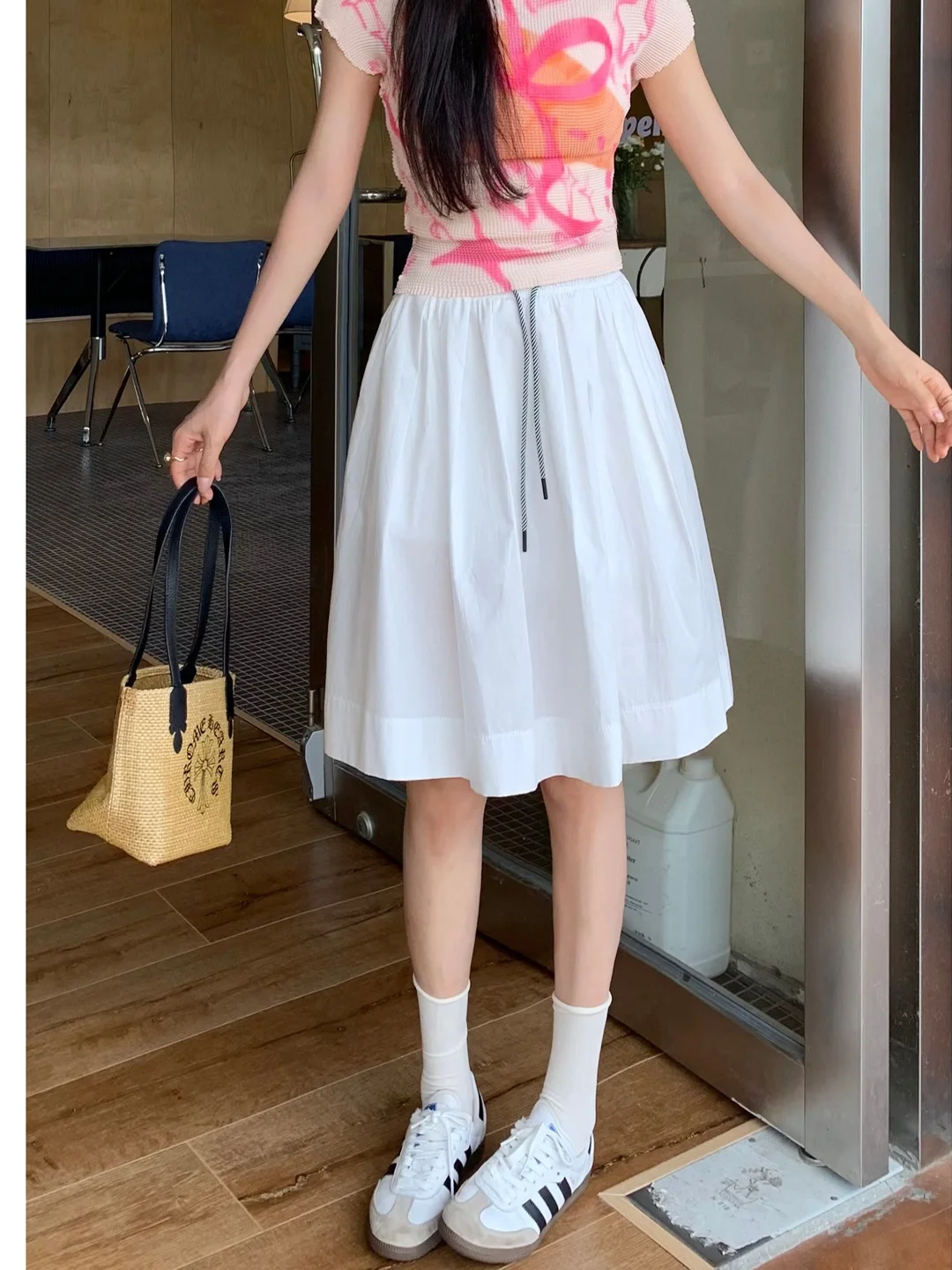 

High Waist A-Line Skirt White Five-Point Design Spring Summer New Style Drawstring Pockets Student Friendly Cotton Blend