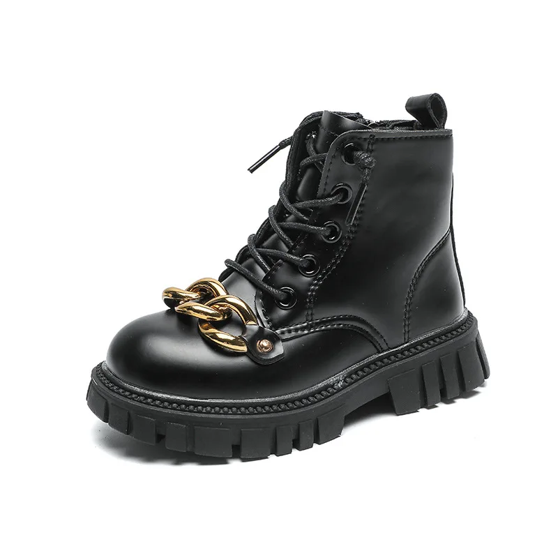 Children\'s 2023 autumn and winter style plus velvet cotton boots boys and girls metal chain middle boots