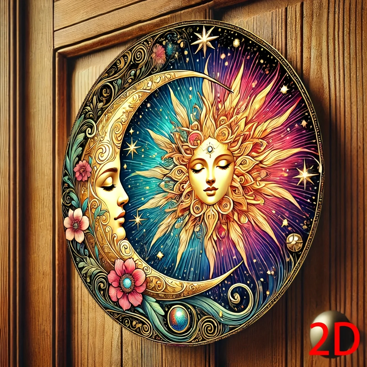 2D Flat Aluminum Wall Decor - Retro Mandala Art Sun And Moon Design, Floral And Starry Sky Pattern, Vibrant Colors,
