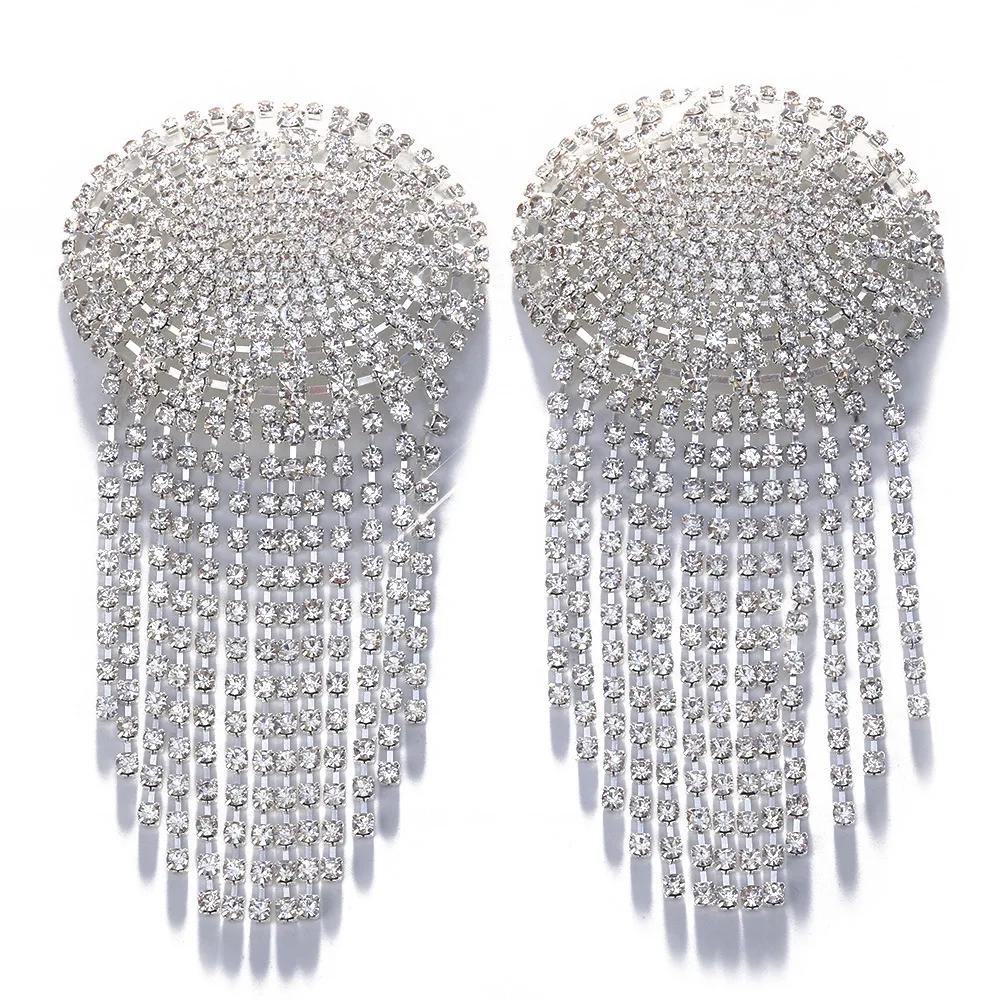 Sexy 2 Pcs Rhinestone Round Tassel Nipple Stickers Breast Petals Women Rave Body Chain Cover Crystal Nipple Pasties Jewelry