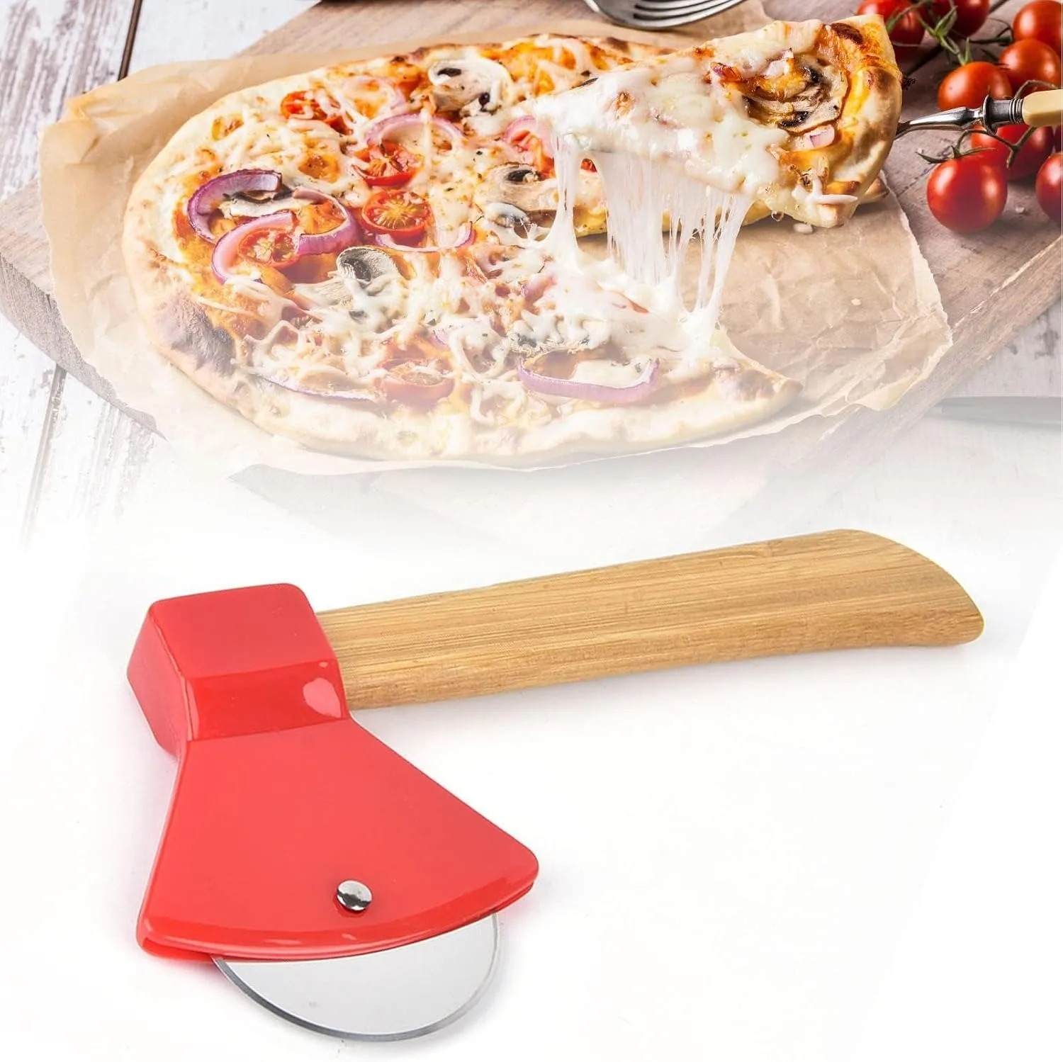 Pizza Cutter Wheel with Bamboo Handle Stainless Steel Axe Shaped Pizza Slicer for Pizza Pie Waffles Dough Kitchen Accessories(Red)