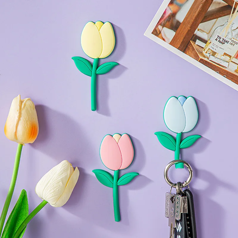 Tulip Flower Adhesive Fridge Hooks for Keys Wall Crochet Holder Removable Kitchen Hook Home Decor Washed Holder Wall Hook Decor