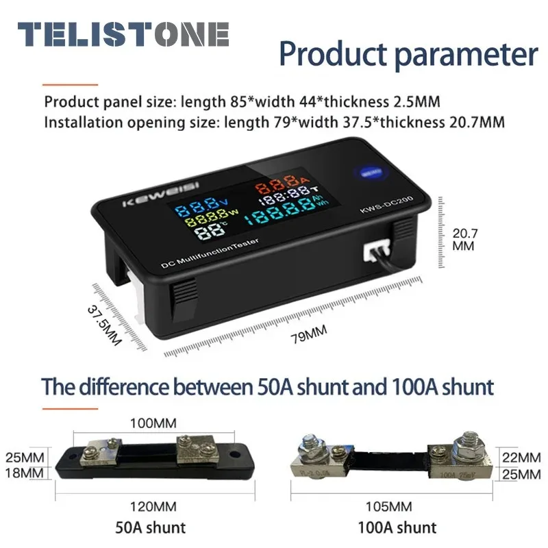 KWS DC200 Digital Voltmeter DC 0-200V Voltage Seven Functions Power Energy Meter LED Color Display Wattmeter 0-10/50/100A
