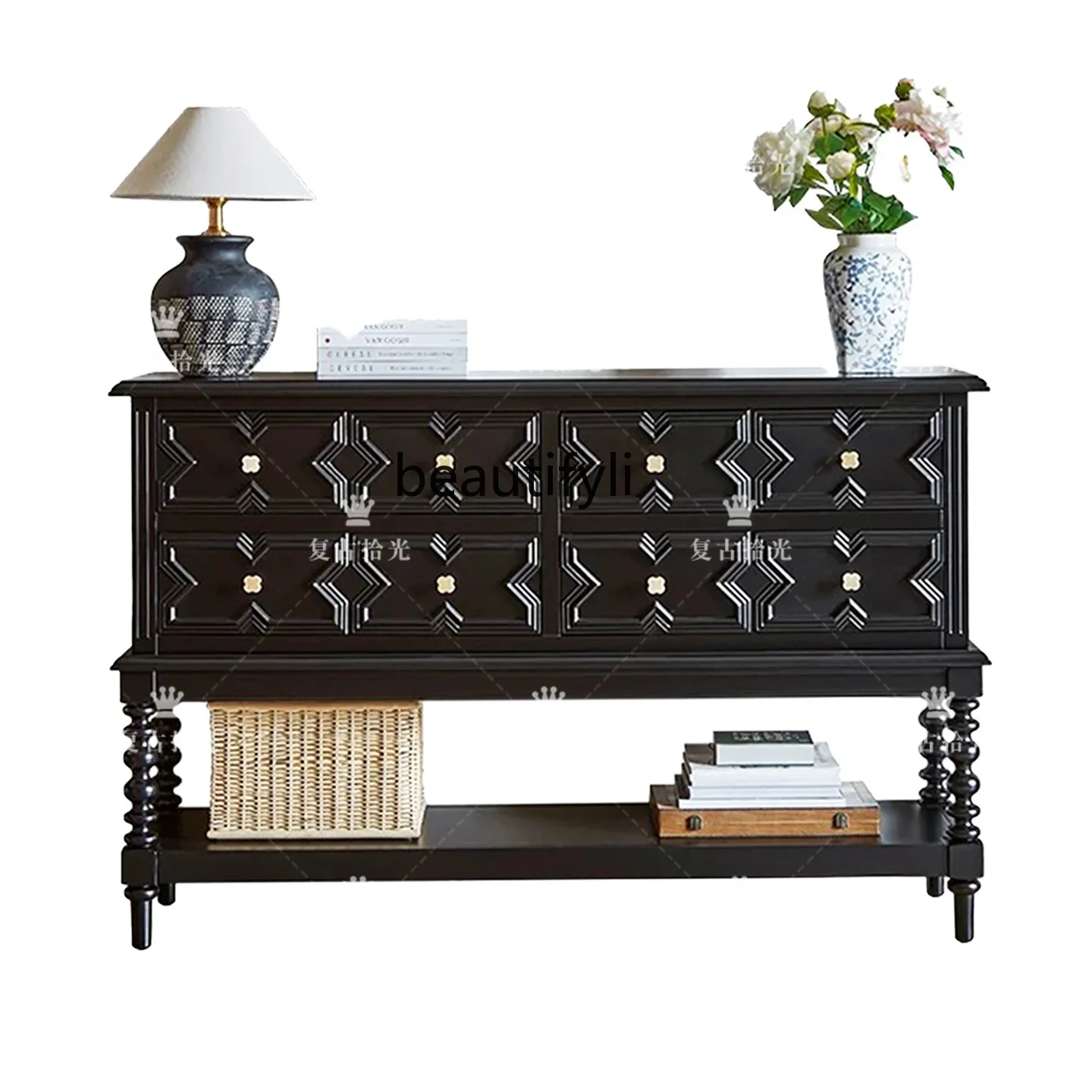 

FFrench retro solid wood carving flower entrance cabinet American retro decorative cabinet small apartment living room locker