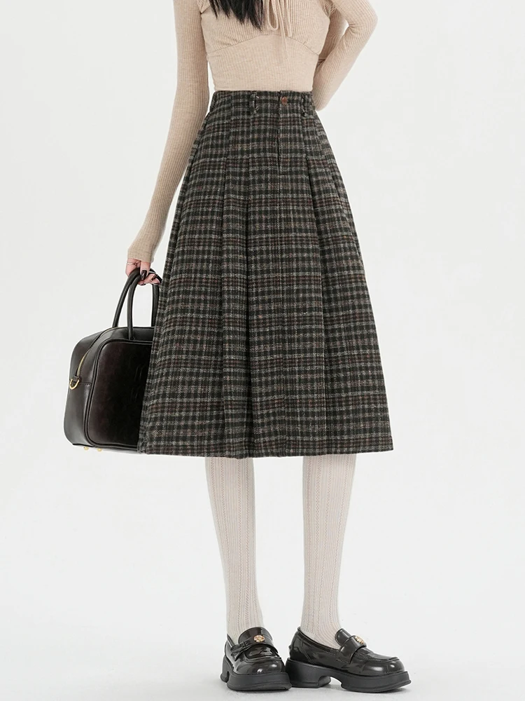 

Женская шерстяная плиссированная полуюбка в клетку в стиле ретро на осень и зиму, новинка 2023 года, повседневная юбка средней длины с высокой талией, юбка А-силуэта