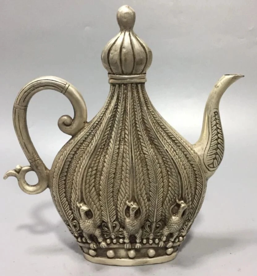 

China White copper peacock teapot crafts statue