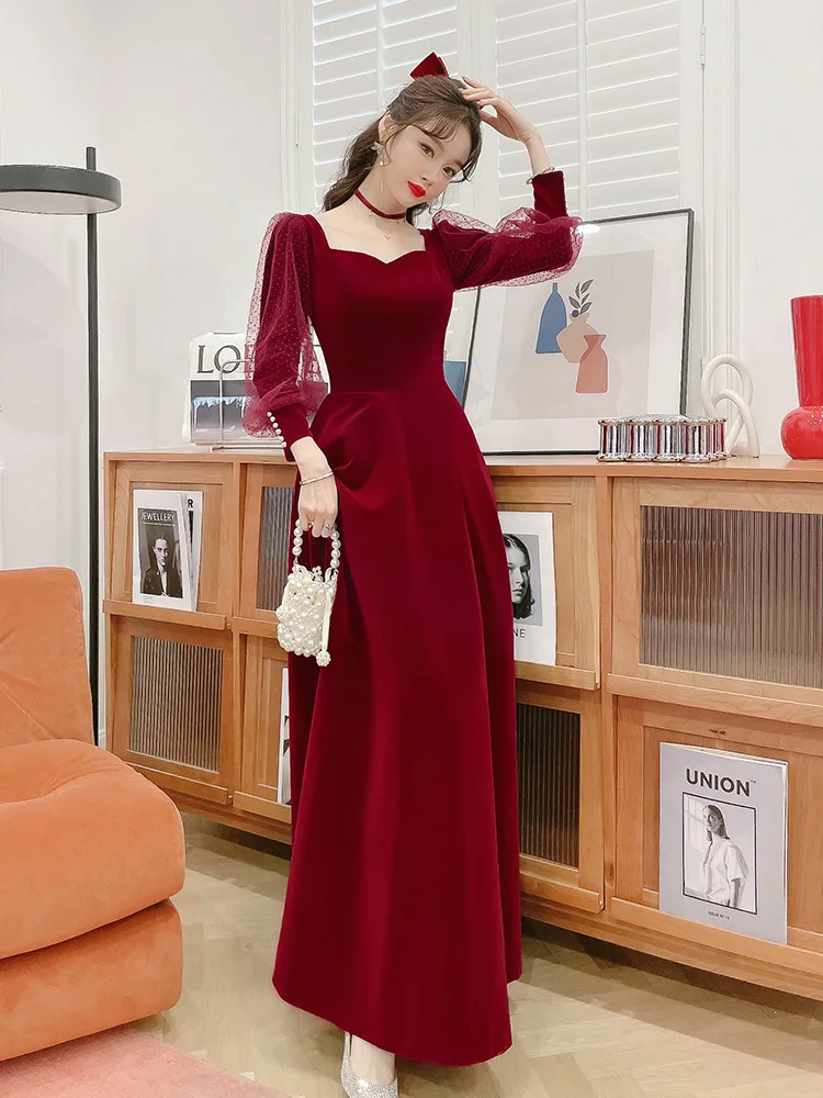 Temperament Burgundy Prom Dress New Elegant Velvet Square Collar Long Sleeve Off Shoulder Ankle-Length Engagement Vestidos