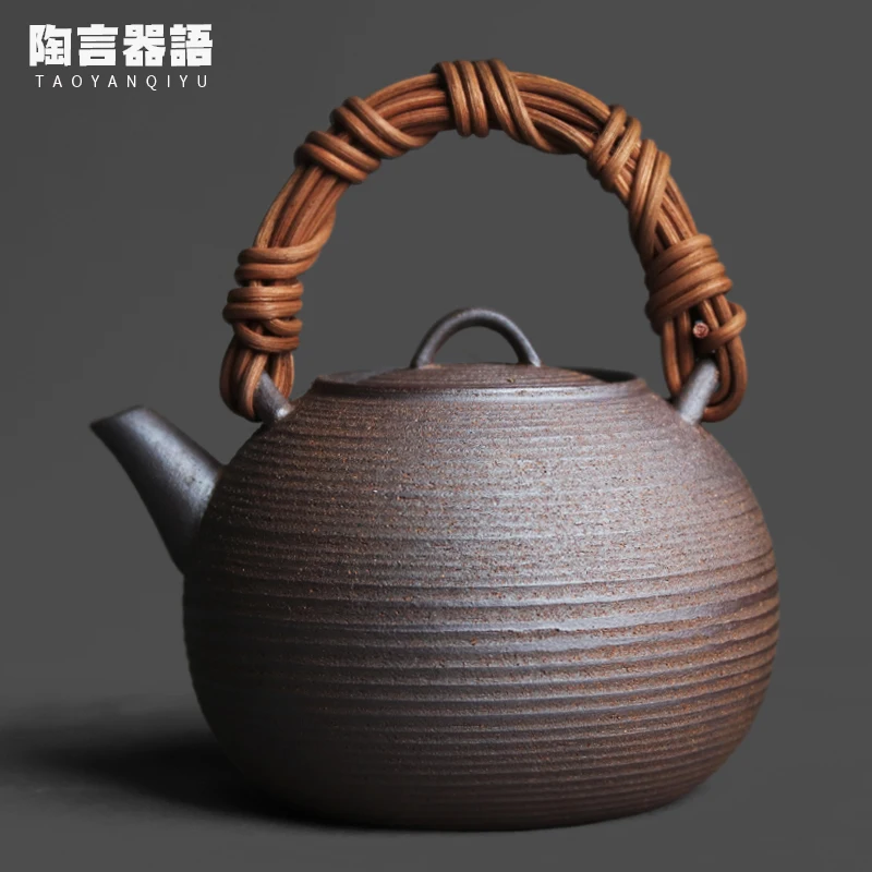 Rock and earth vine woven circular open fire boiling water teapot, retro ceramic boiling coffee, milk, rose, lemon flower teapot