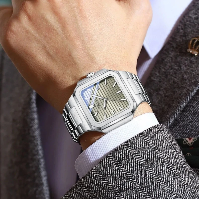 CHENXI 8266 ساعة كوارتز رجالية فاخرة مستطيلة للأعمال تاريخ تلقائي مقاوم للماء حزام من الفولاذ المقاوم للصدأ ساعات عصرية للرجال