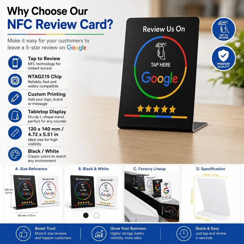 1/5PCS NFC Tap to Review Google Card Stand NTAG215 Tabletop Review Sign for Cafe Restaurant Hotel Reception Counter