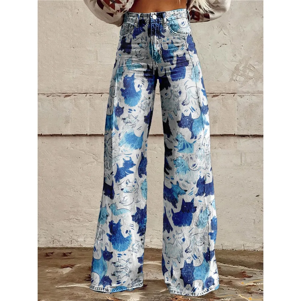 

Сексуальные широкие брюки с высокой талией для женщин, брюки-палаццо с милым мультяшным котом, повседневные модные забавные брюки для повседневной носки