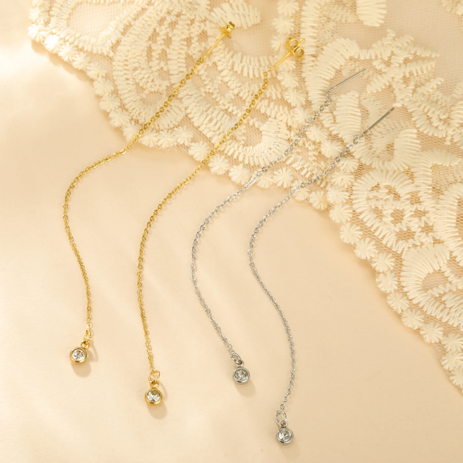 Lucktune Gold Color Chain Long Tassel Drop Ear Line Stainless Steel Zircon Earrings for Women Jewelry Wedding Gifts 2025 New In
