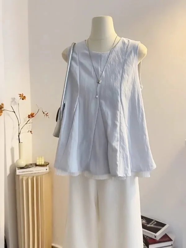 

French Style round Neck Sleeveless Doll Shirt Women's Summer Loose Vest Splice Design Casual Atmosphere Small Shirt Top