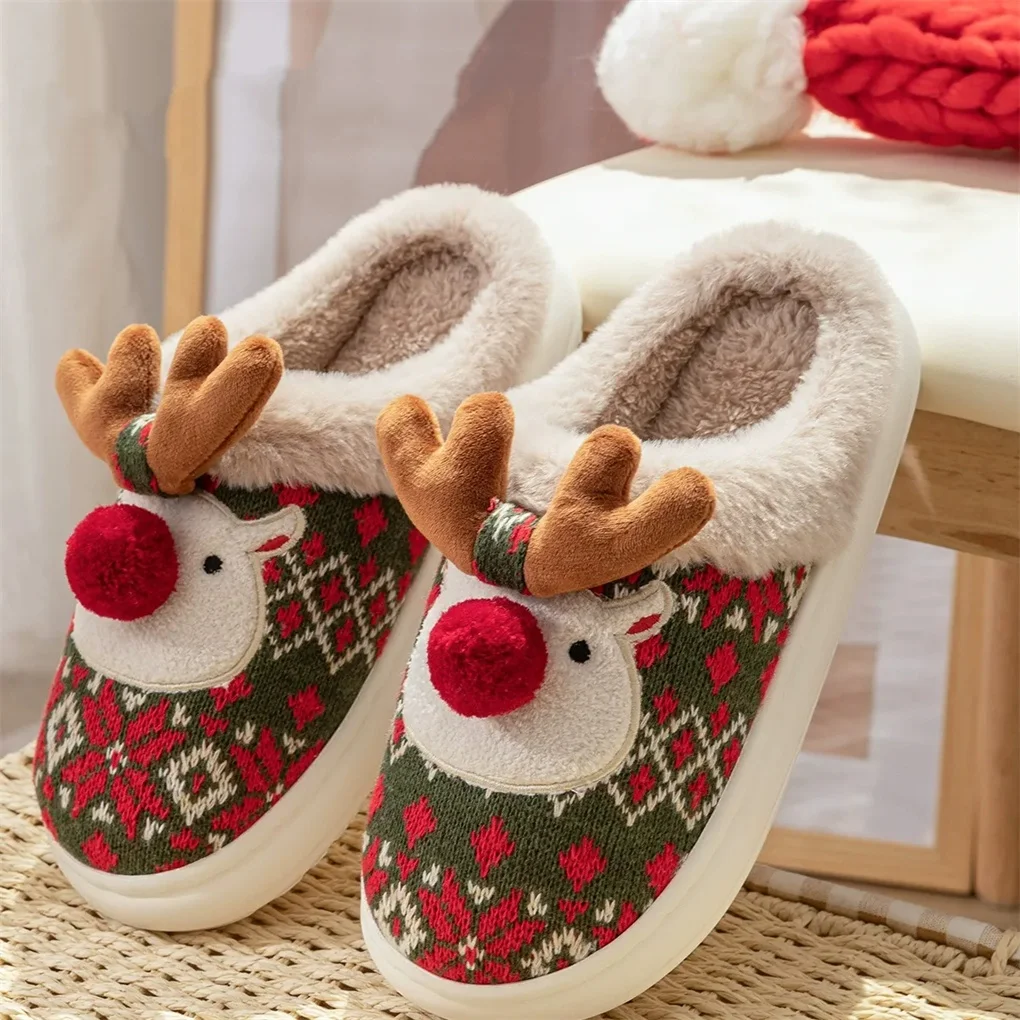 

Теплые и удобные тапочки с круглым носком на флисовой подкладке с рисунком рождественского оленя, модные домашние тапочки с милыми оленями на зиму