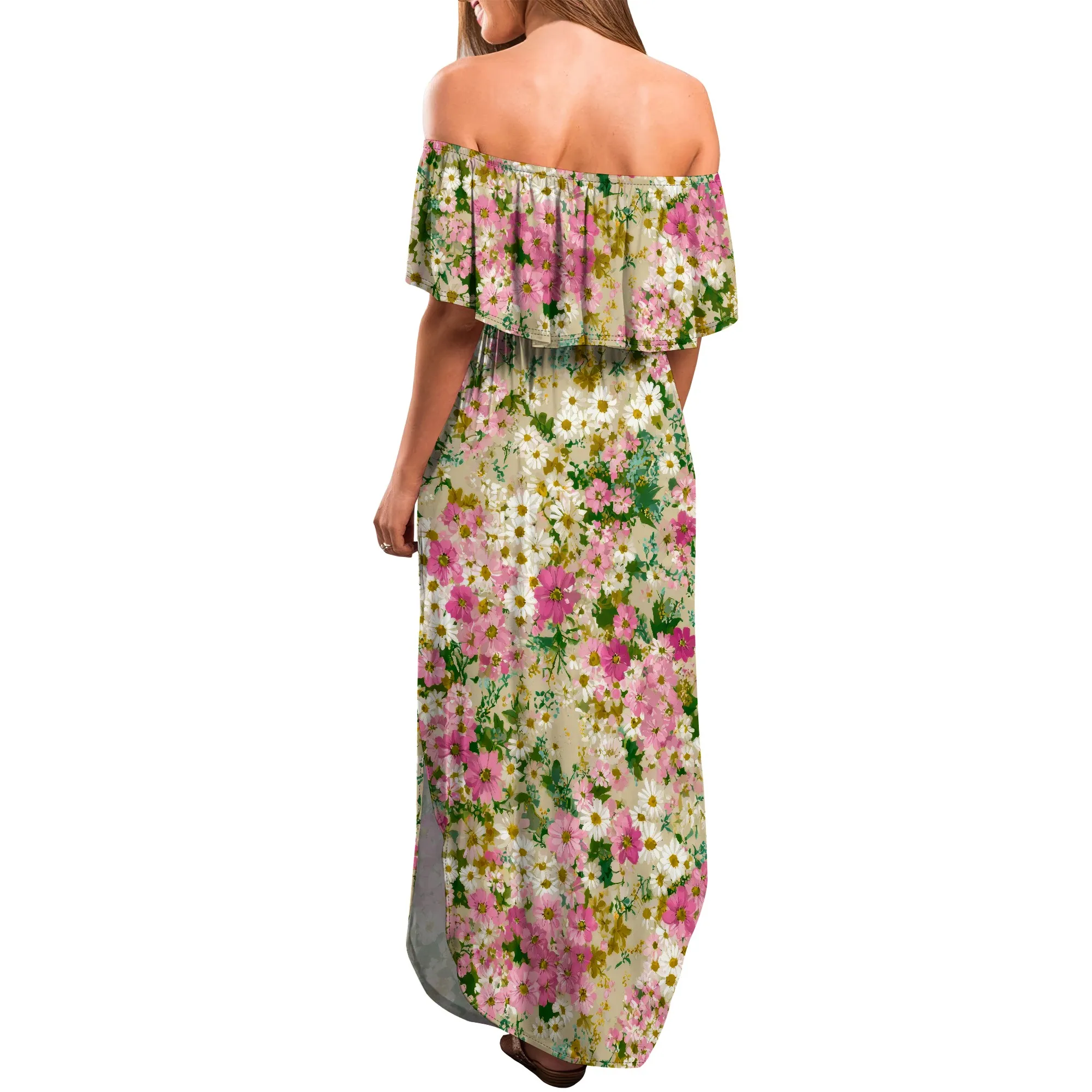 ผู้หญิงปิดไหล่ Ruffle Party Dresses ด้านข้างแยก Beach Maxi Dress
