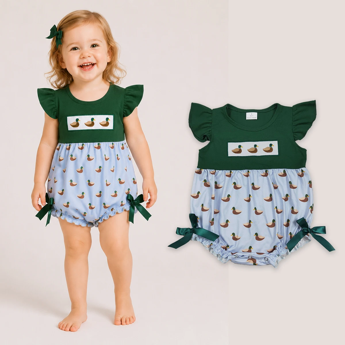Baby Clothes Girl Embroidery Ducks Green Boy Short Sleeve Hunting Ruffle Romper Toddler Infant Jumpsuit Kids One Piece Wholesale