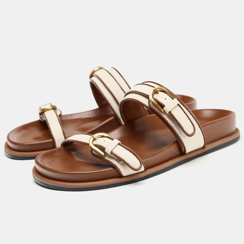 

Fashion Denim White Slide Sandals Women Luxury Metal Belt Buckle Decoration Flat Slippers Summer Comfortable Women Beach Shoes