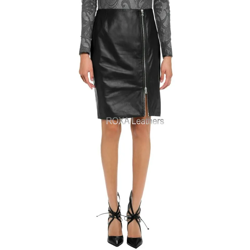 

Stylish Women Black Zip Up Skirt Genuine Lambskin 100% Leather Outfit Skirt