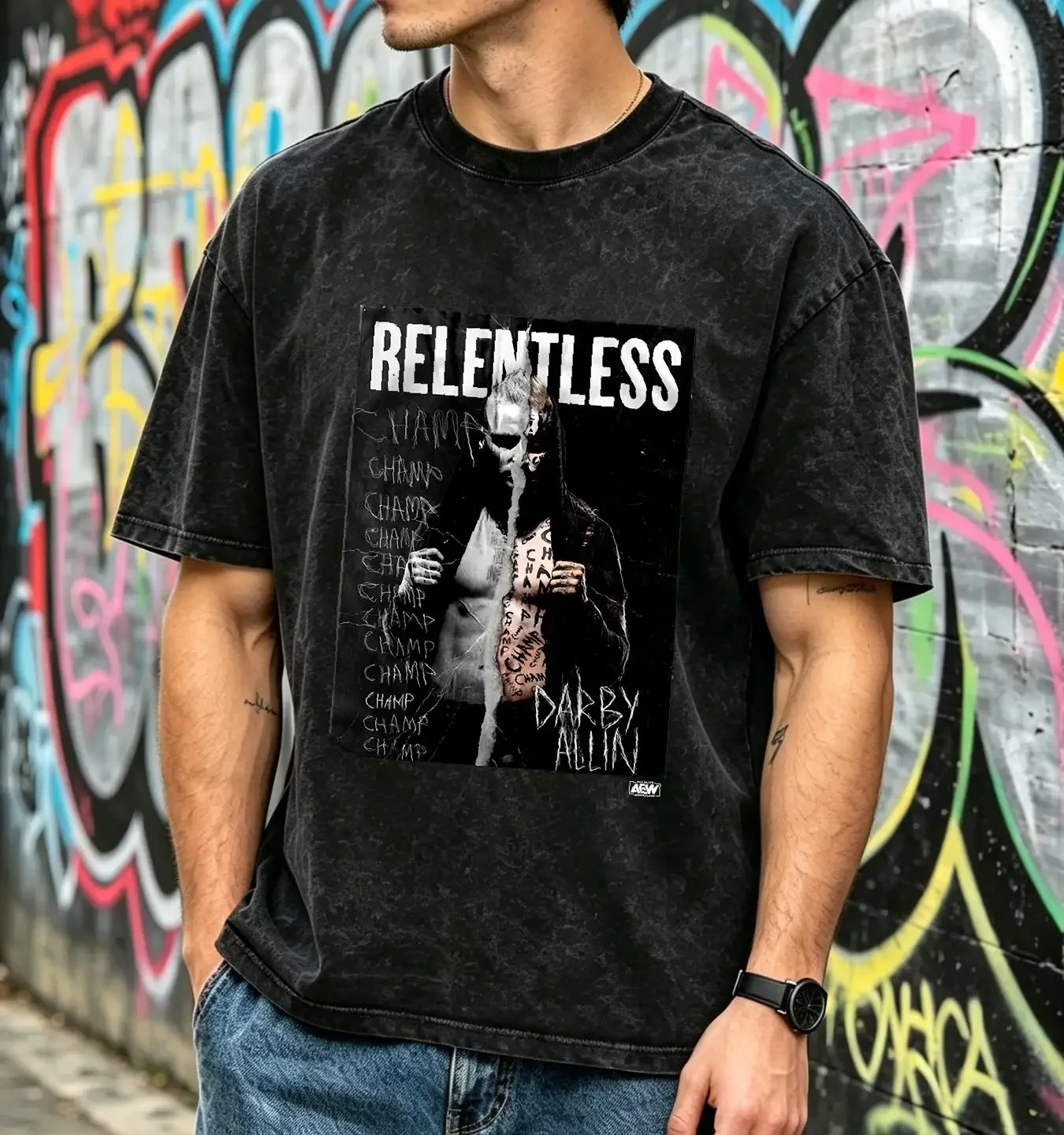washed T Shirt Darby Allin Relentless Champ AEW Official long or short sleeves vintage Washed streetwear Stylish Soft Casual