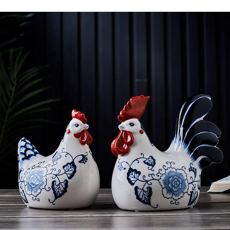 Blue and White Porcelain Rooster Statue Ceramic Crafts Sculpture Desk Decoration Ornaments Living Room Furnishings Cock