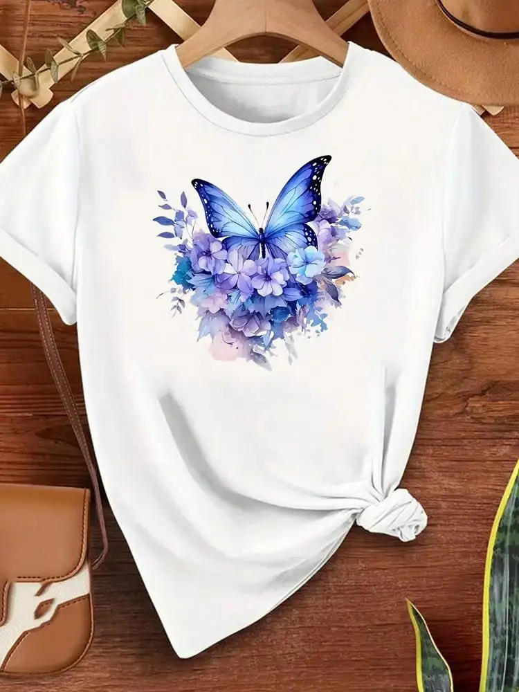 Modne słodkie kwiatowe koszulki damskie z okrągłym dekoltem, popularne, codzienne, z nadrukiem, z krótkim rękawem, odzież, moda damska, graficzne t-shirty.