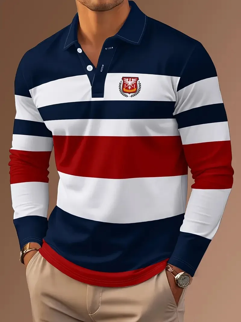 2026 Spring/Summer New Men's Long-Sleeved Polo Shirt Fashionable Versatile Comfortable and Soft 3D Pattern Print