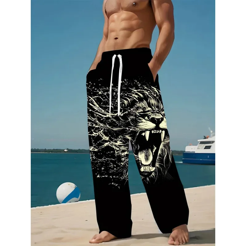 Celana Panjang Pria, Celana Kasual Gambar Singa Mengaum 3D, Celana Luar Ruangan Ringan Cepat Kering dengan Pinggang Serut Elastis untuk Perjalanan